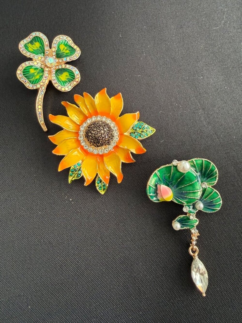 Garden Brooch Trio – Clover, Lily Pad & Sunflower Enamel Rhinestone Pins, Set of
